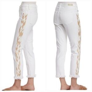 AG Mid Rise Stilt Cigarette Embroidered Crop Skinny Jeans in White Tan Womens 25
